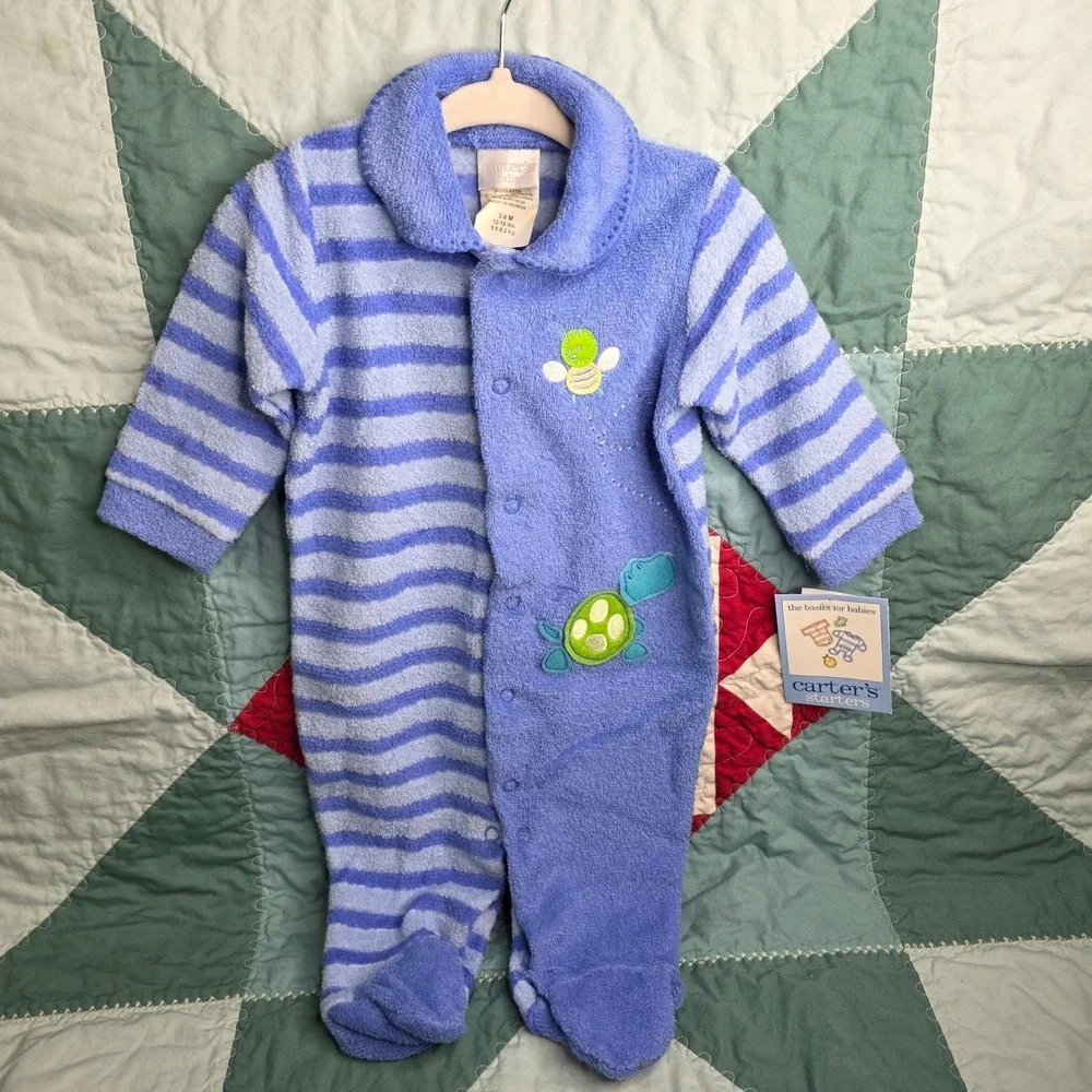 Vintage Carters Starters Blue Striped Turtle Bee Fleece Sleeper 3-6M Terrycloth